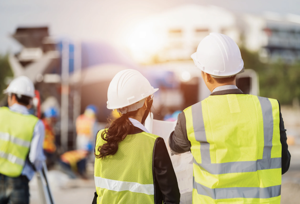Professionnels sur un chantier BTP illustrant les relations avec les médias dans le secteur